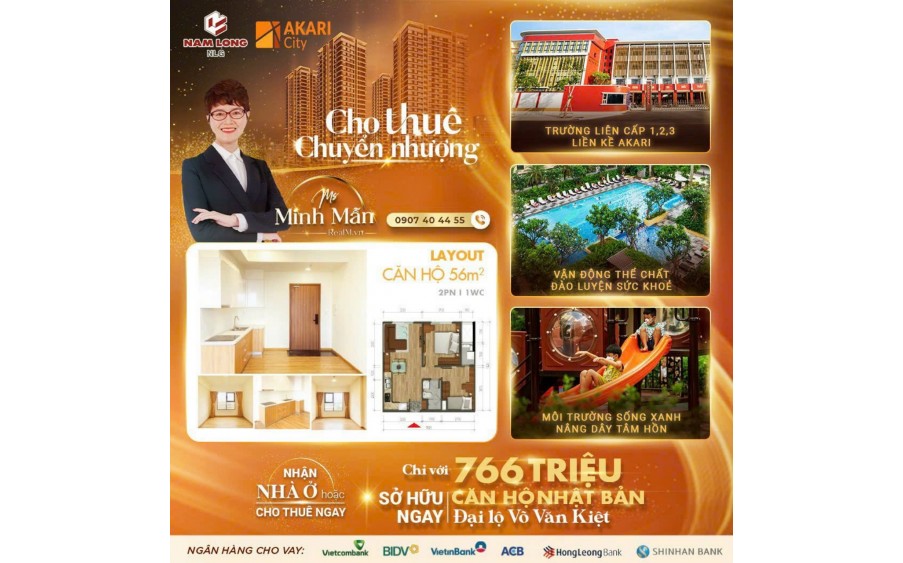 Cho thuê Căn hộ, căn hộ sân vườn, shophouse mặt bằng kinh doanh Akari Nam Long, Võ Văn Kiệt quận Bình Tân, gần Quận 8, nhà trống hoặc đầy đủ nội